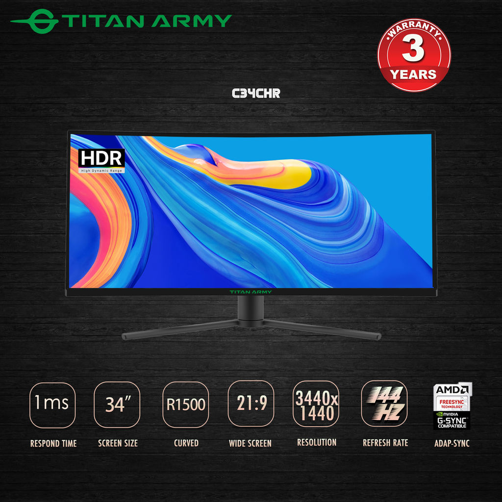 TITAN ARMY C34CHR Gaming Monitor, 34-inch 1500R 3440×1440 WQHD Curved Screen, 165Hz Refresh Rate, 1ms MPRT, Adaptive Sync, 99% sRGB, Support PIP & PBP Display, E-sports Backlight, Tilt Adjustment Wall Mount, Low Blue Light