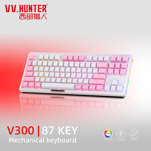 VV.HUNTER V300 87 Key RGB Mechanical Gaming Keyboard ( white & pink )|eclipsemy.com