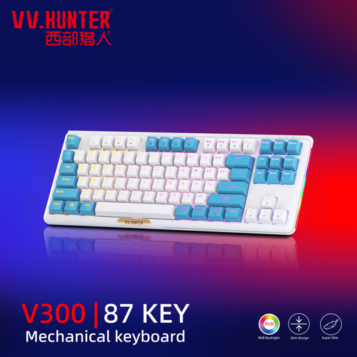 VV.HUNTER V300 87 Key RGB Mechanical Gaming Keyboard ( white & blue )|eclipsemy.com