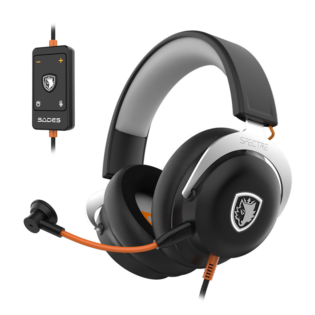 SADES Spectre black and orange gaming headset with microphone and inline controller.