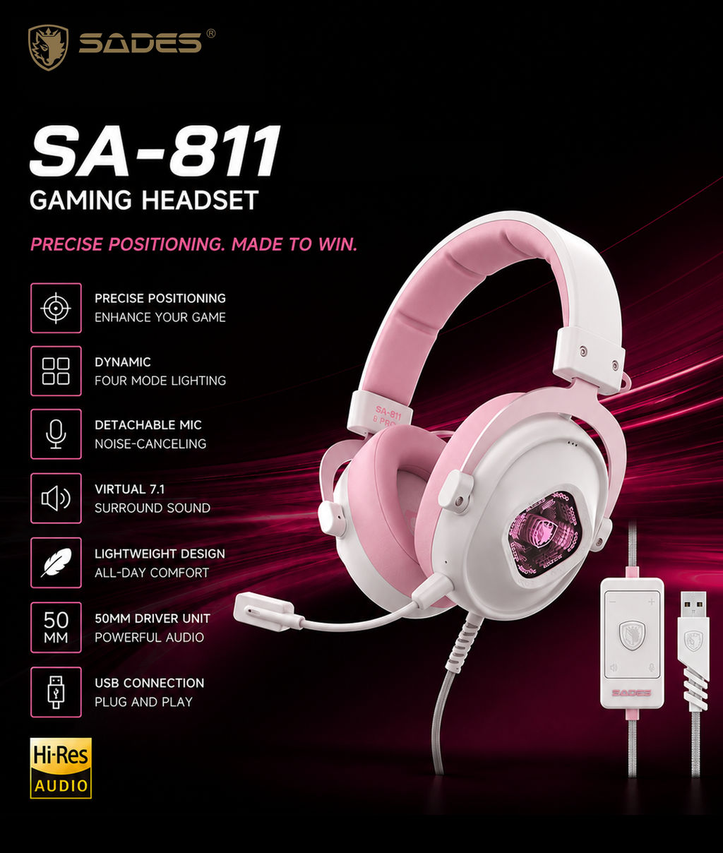 SADES SA-811 pink and white gaming headset